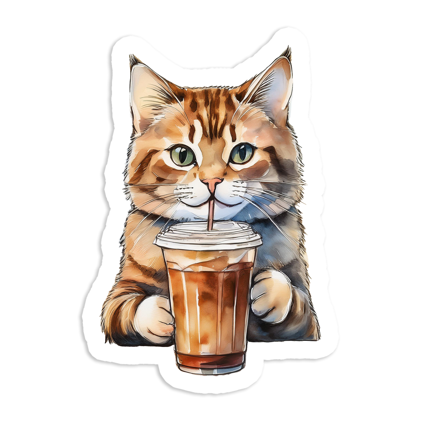 A sticker depicting a cartoon cat with a cup of iced coffee.